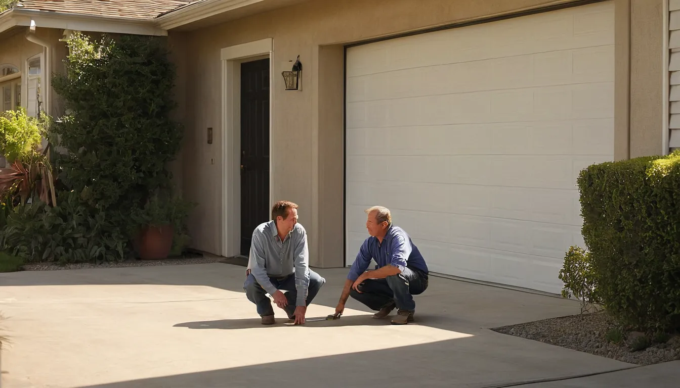 Friendly garage door provider inspecting a residential garage door in Irvine