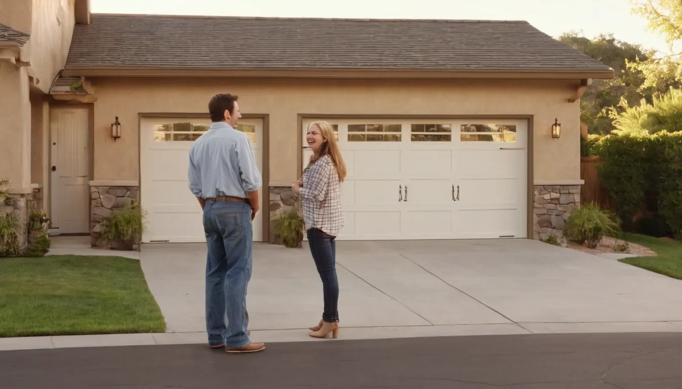 A homeowner and a friendly garage door provider checking a stucco home garage door in Irvine